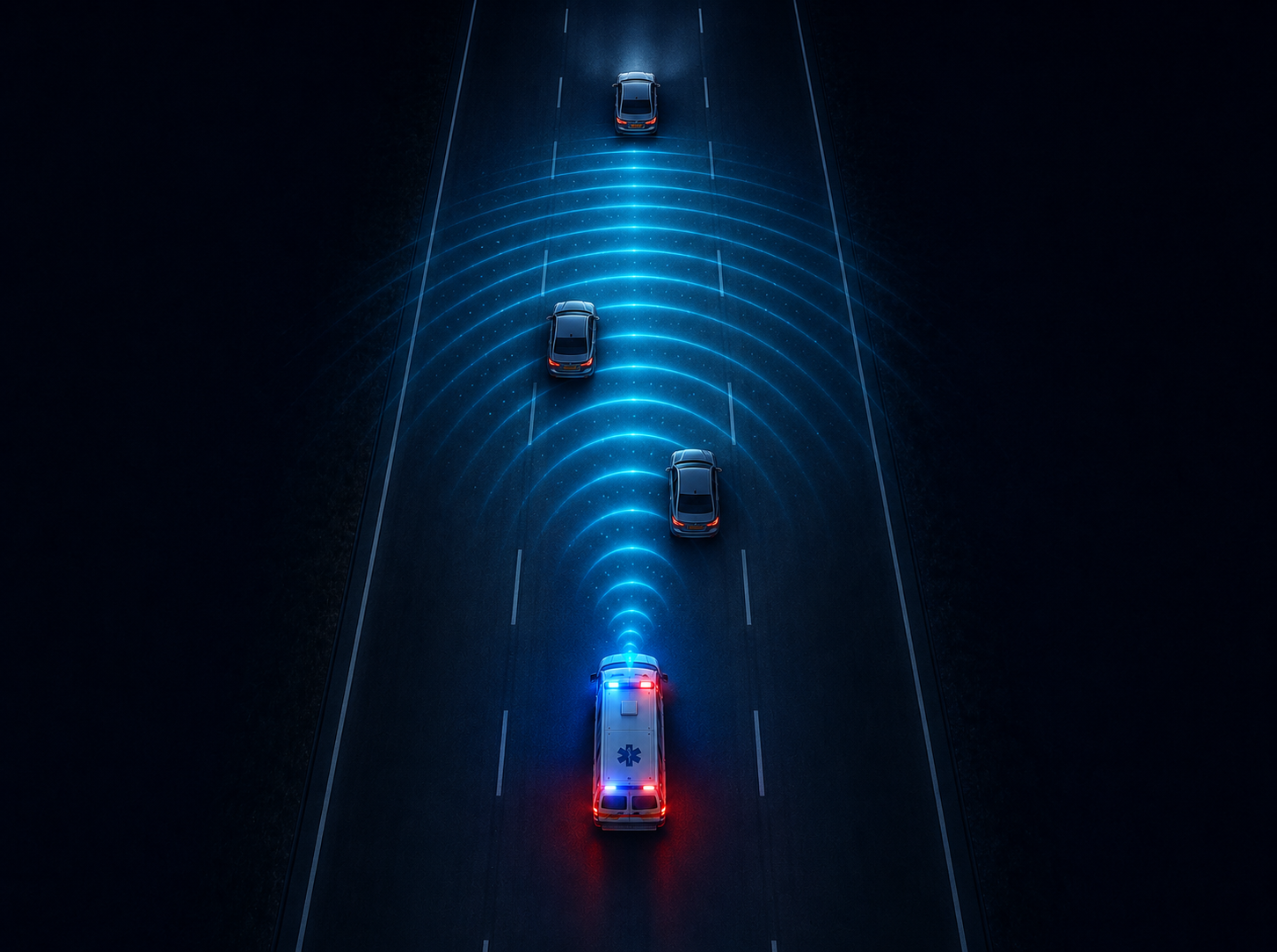 Vista dall'alto di un mezzo di soccorso che invia un segnale luminoso verso tre auto che lo precedono